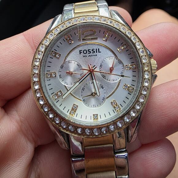 Fossil Women ES2521 Riley Silver Dial Multifunction Pave Bezel Quartz Watch 7" - Picture 12 of 14